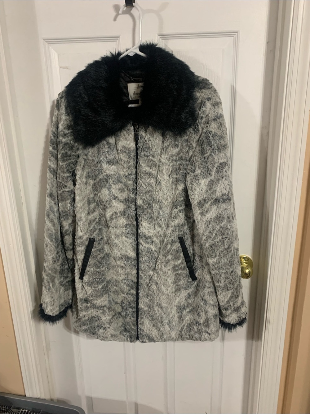 dennis basso Black and Gray Faux-Fur Trimmed Teddy Jacket